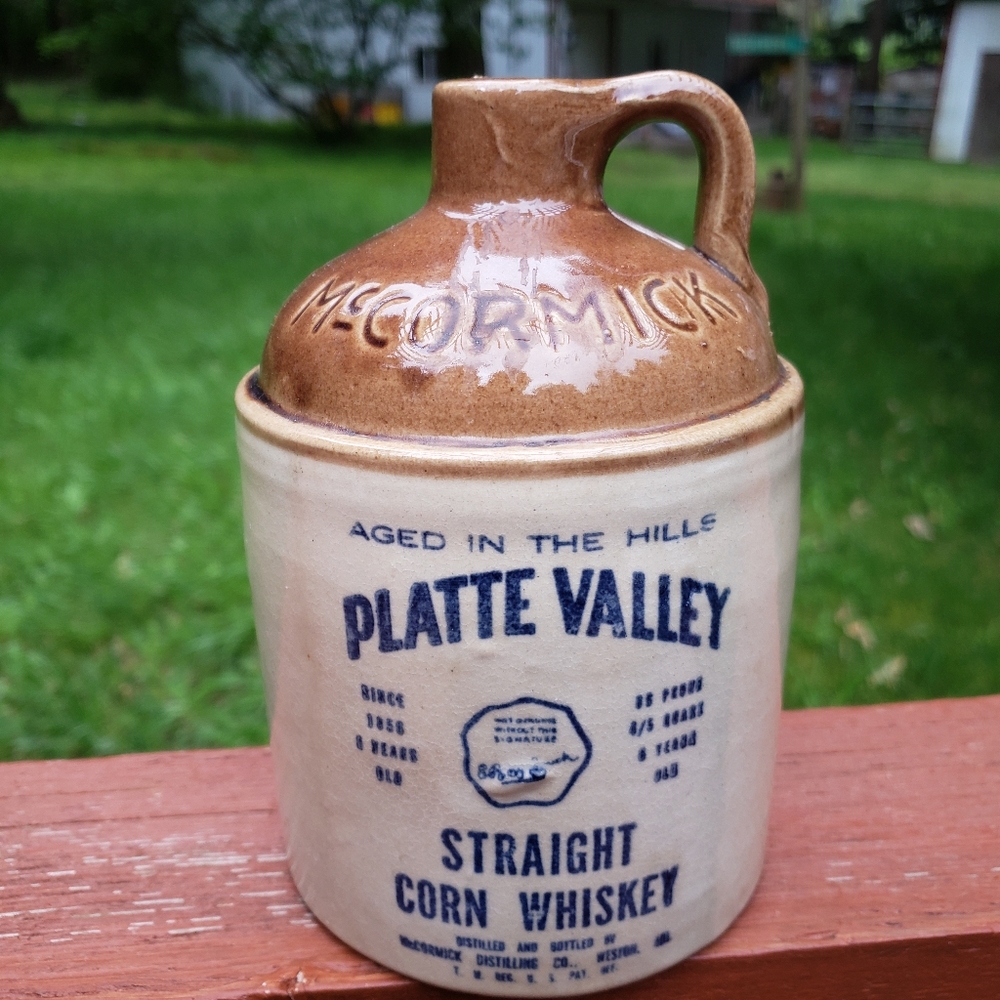 Vintage PLATTE VALLEY Straight Corn Whiskey Crock Jug- EMPTY WITH CHIP